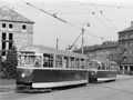 Vozy T1 ještě s tyčovými sběrači na Slovanech v čele s vozem č. 111 - 22. 4. 1957, foto: sbírka Jiří Mráz