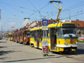 T3R.PLF č. 315 na Slovanech při výluce, v pozadí zatahující vozy z některých pořadí linky 4 a 1 po zahájení výluky 1. 5. 2012