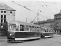 Vozy T1 ještě s tyčovými sběrači na Slovanech v čele s vozem č. 111 - 22. 4. 1957, foto: sbírka Jiří Mráz